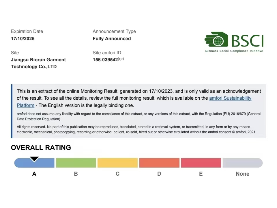 Jiangsu Riorun sock factory under Biorun Socks was awarded the BSCI A-level factory